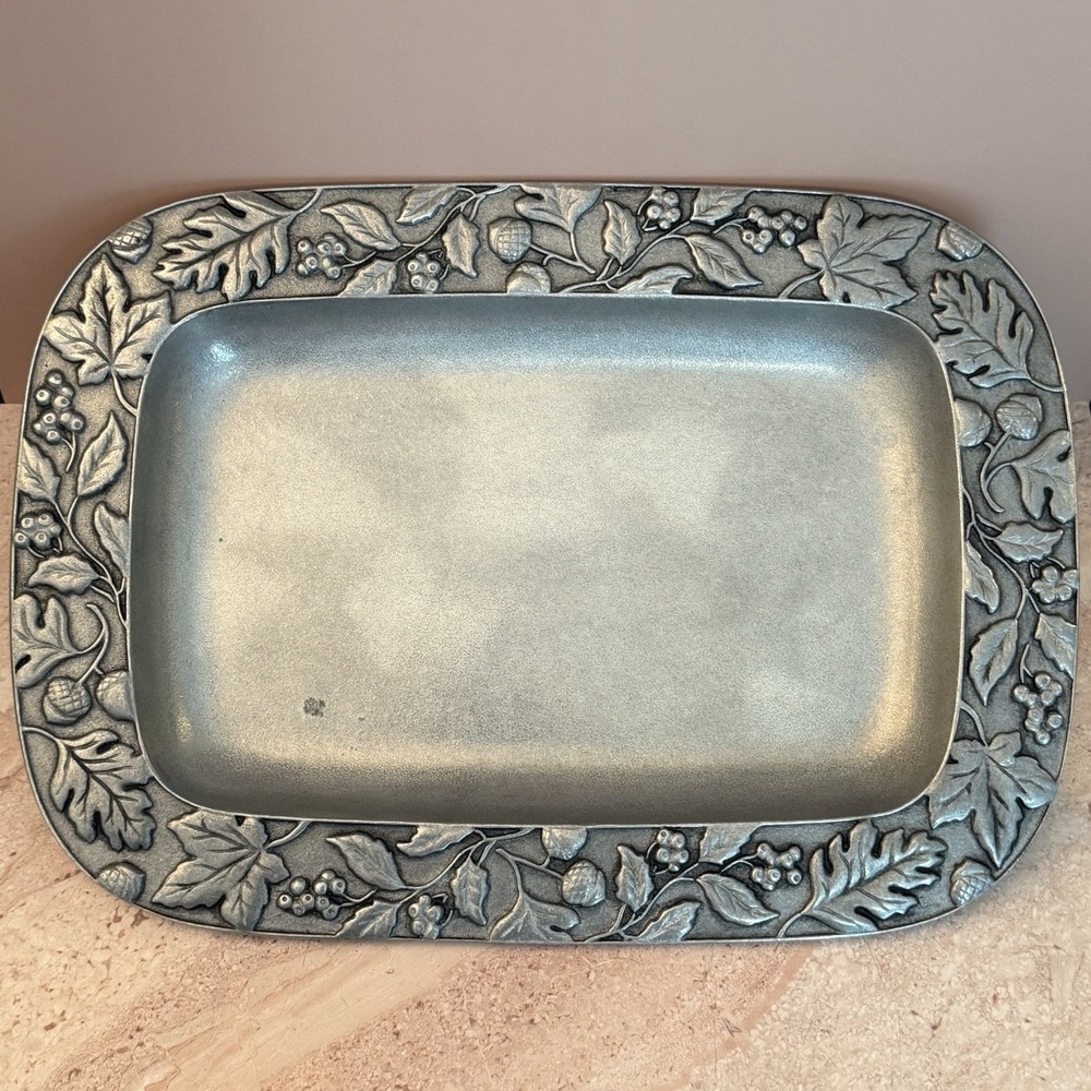 Longaberger 2001 Autumn Falling Leaves & Acorns Pewter Metalware Plate Rectangle